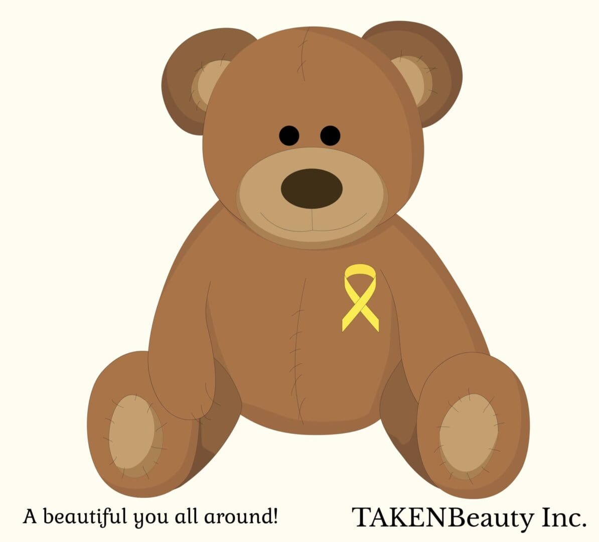 A brown teddy bear with yellow ribbon on it's chest.