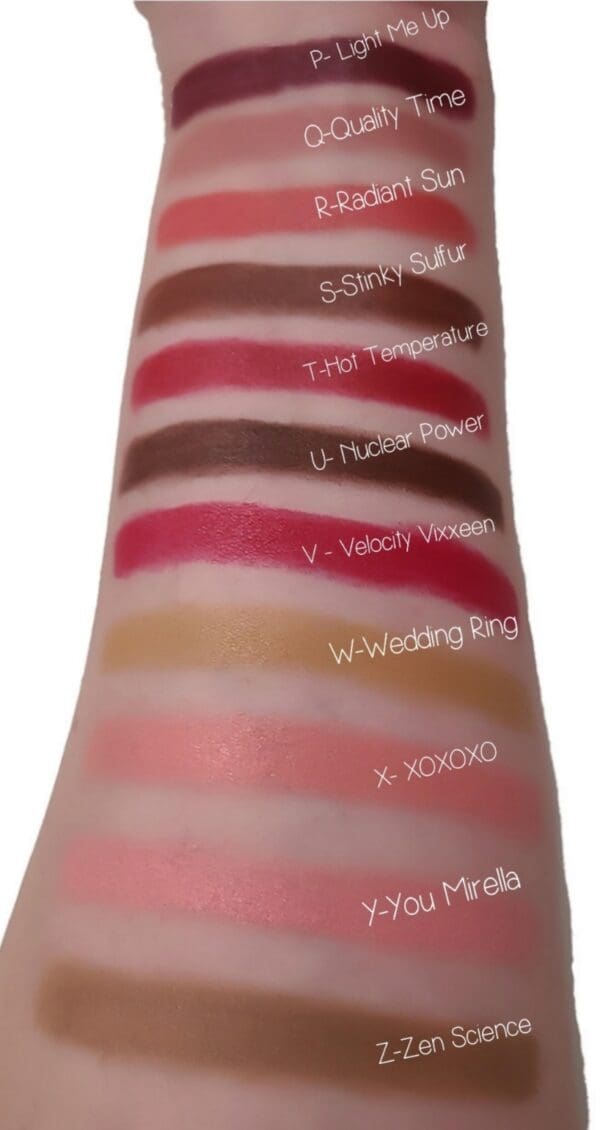 A close up of various lipstick swatches
