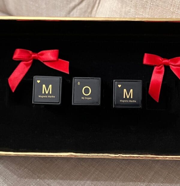 A box with three cubes that say mom.