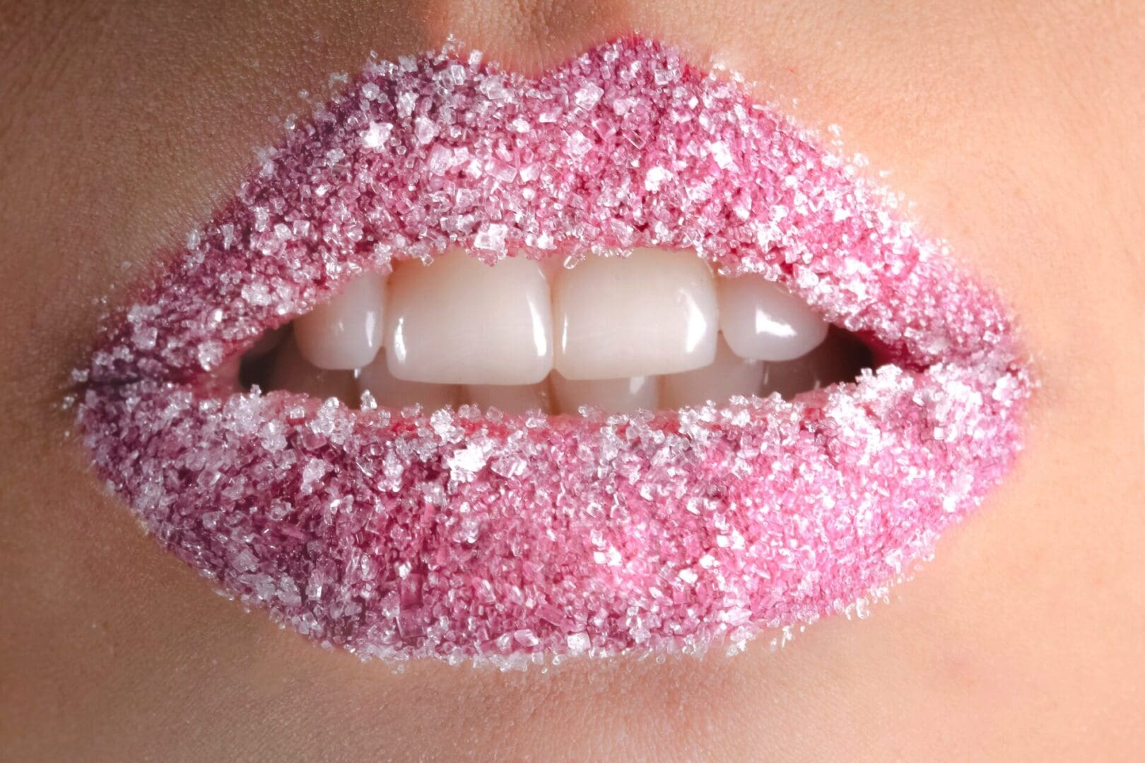 A close up of a person 's lips covered in pink sugar