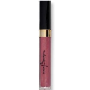 A pink lip gloss with black lid and gold logo.