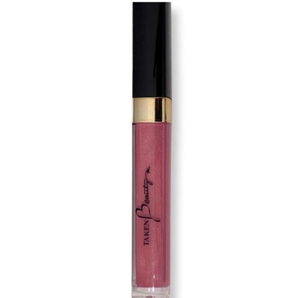 A pink lip gloss with black lid and gold logo.