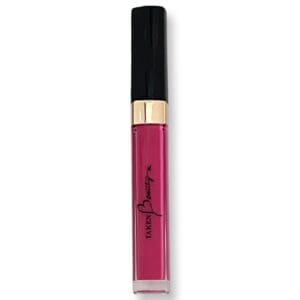 A pink lip gloss with black lid.