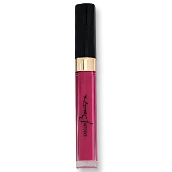 A pink lip gloss with black lid.