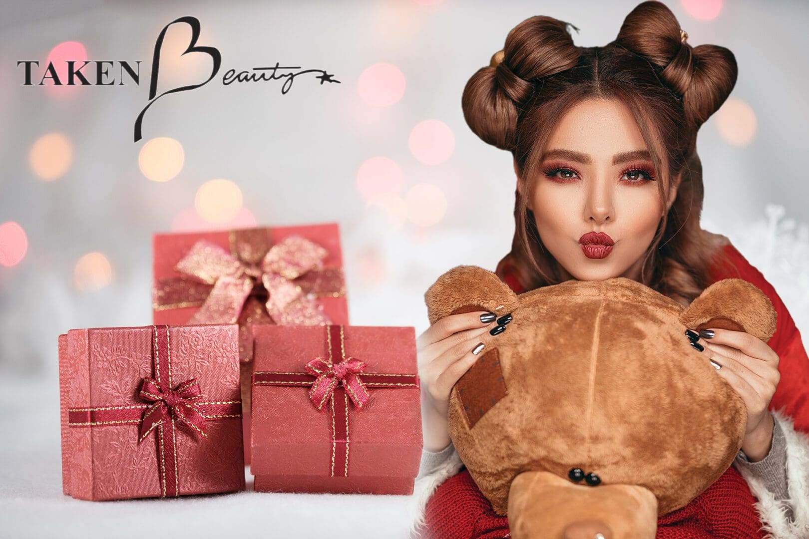 A woman holding a teddy bear and some presents