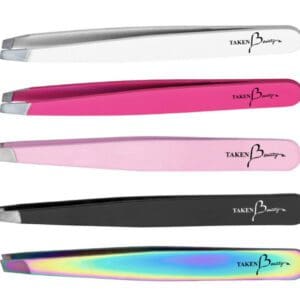 A set of five different colored tweezers.