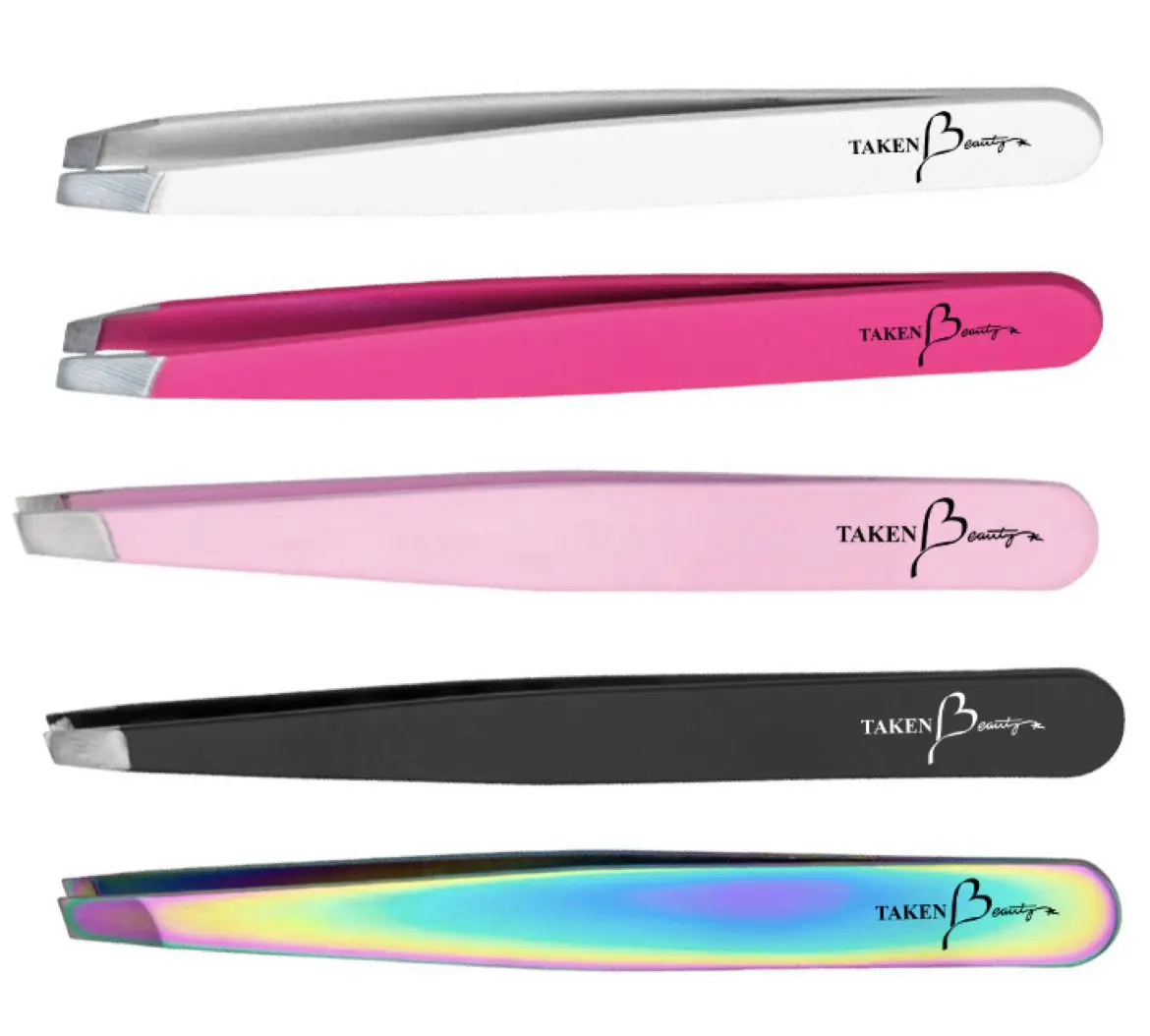 A set of five different colored tweezers.