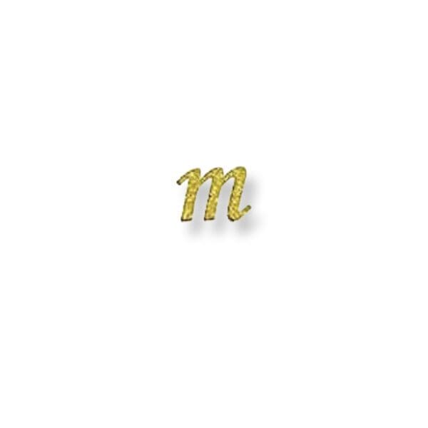 A gold letter m is shown on the side of a white background.