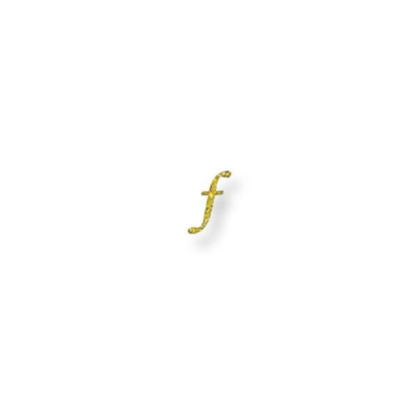 A gold f is shown on top of the letter.