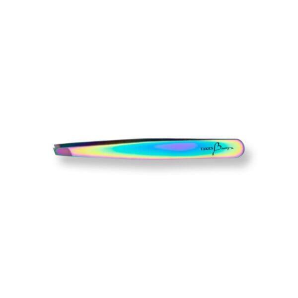 A rainbow colored metal object with a black handle.