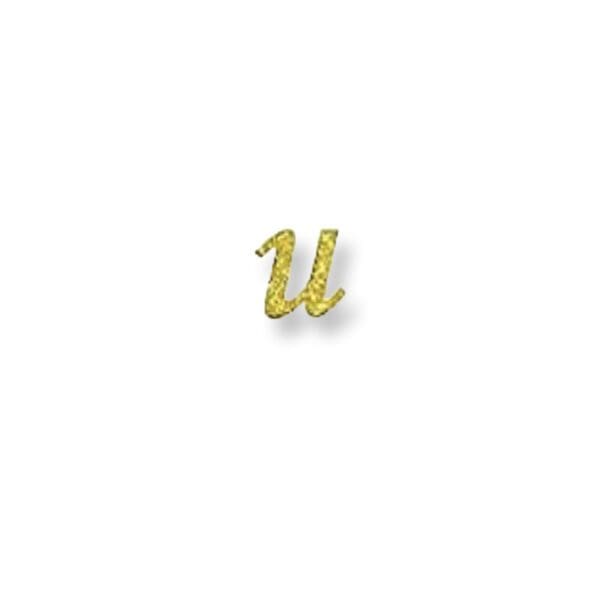 A gold letter u with diamond accents.