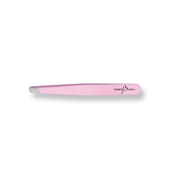 A pink tweezer with a black and white logo.
