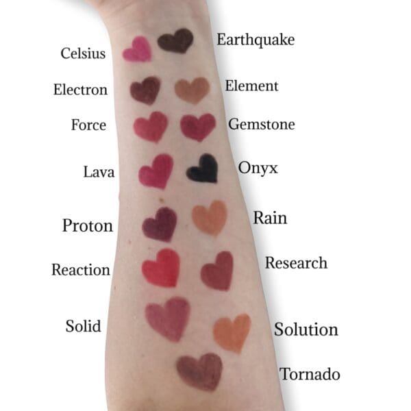 A hand with many different colors of lipstick on it