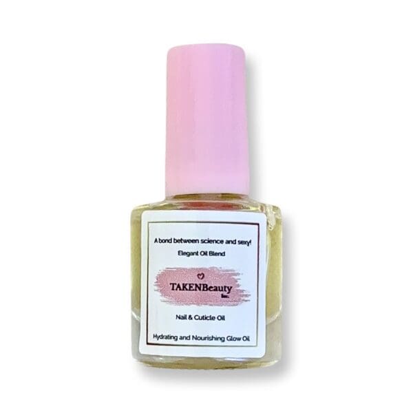 A bottle of nail polish with pink cap.